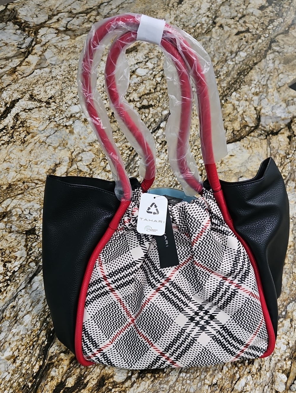 Tahari Black, Pink & Red Plaid Tote